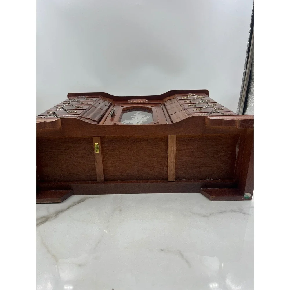 Vintage Wooden Jewelry Armoire Chest 10 Drawer Etched Glass Rotating Carousel